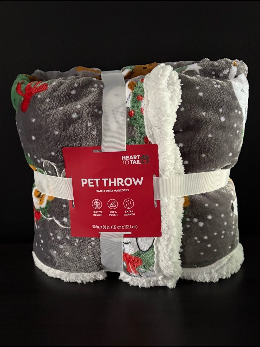 NEW Heart to Tail Pet Throw Sherpa 50”x60” Dogs Christmas Grey Snowfall